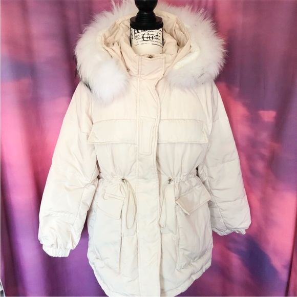 Coat down genuine fox fur hood pocket cream beige women - Picture 2 of 10